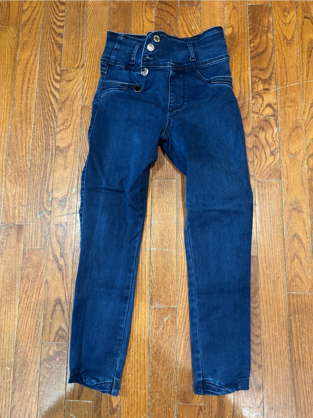 Women's High-Rise Dark Indigo Skinny Jeans with Button Detail